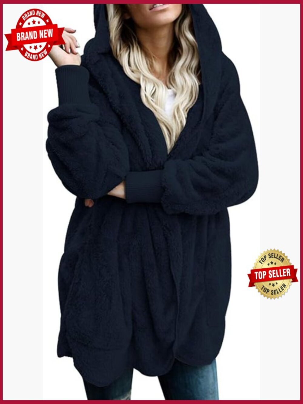 Winter Long Sleeve Fuzzy Fleece Open Front Hooded Cardigan Jacket Coat